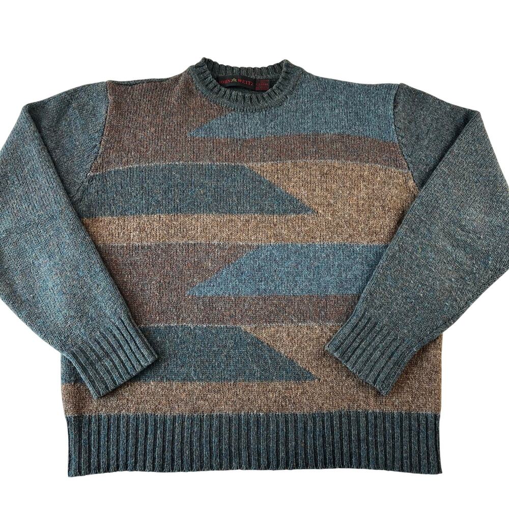 John Weitz Vintage Wool Sweater Heather Blue Brown Men's size L-XL Geometric